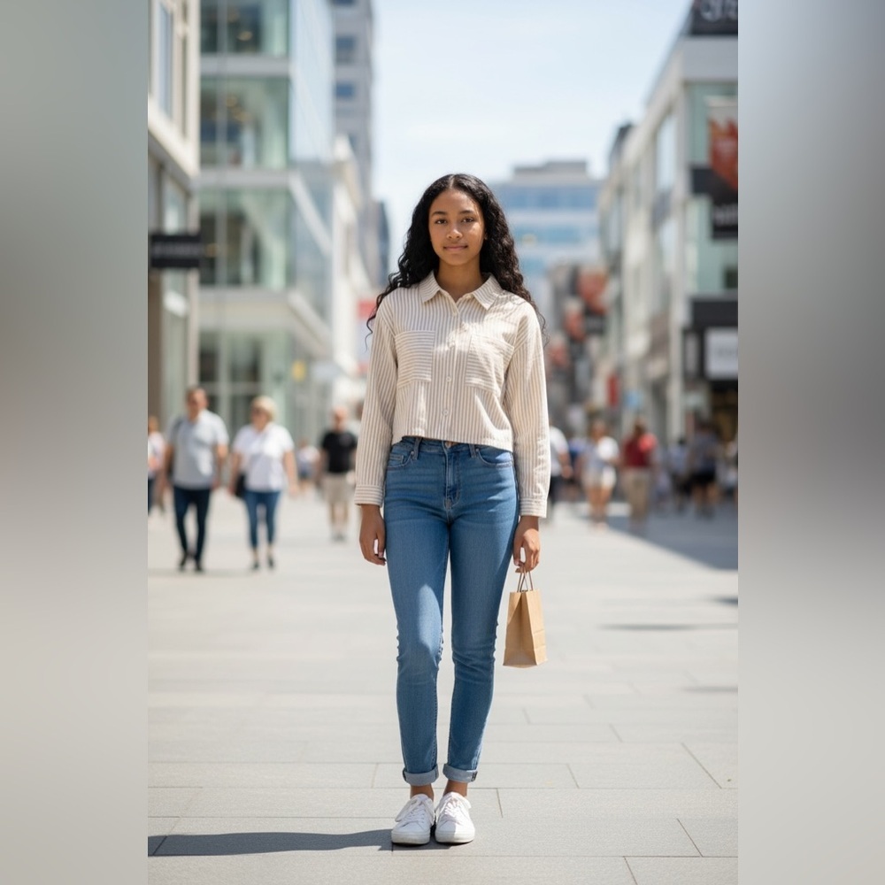 Heart and Arrow Beige Striped Shirt Button Up Cropped Girls 10-12 NWT